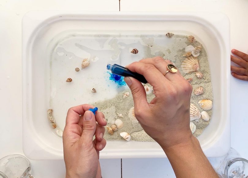 Pour réaliser cette activité sur la mer, verser le colorant bleu dans l'eau